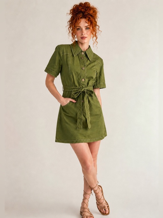 Modcloth Dresses & Skirts - ModCloth Olive Green Utility Shirt Dress Button Front Tie Waist Pockets Retro 8